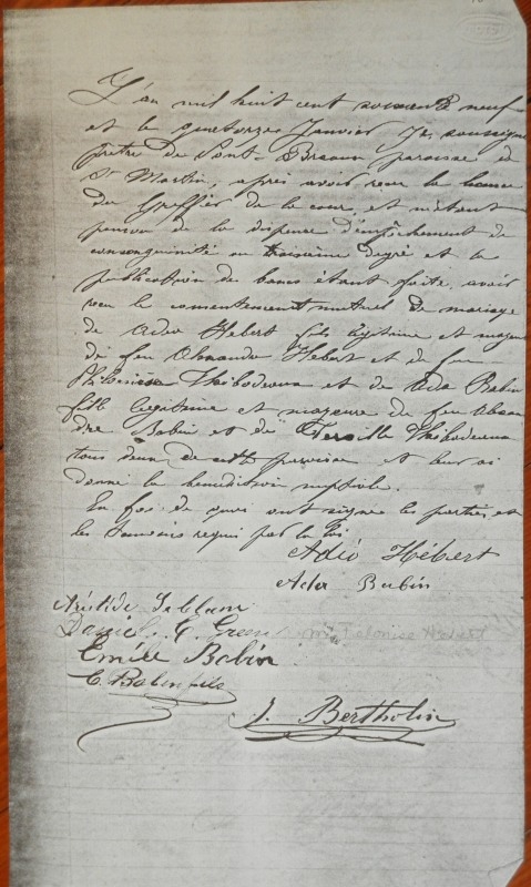 1869, marriage of Adeo Hebert & Ada Babin