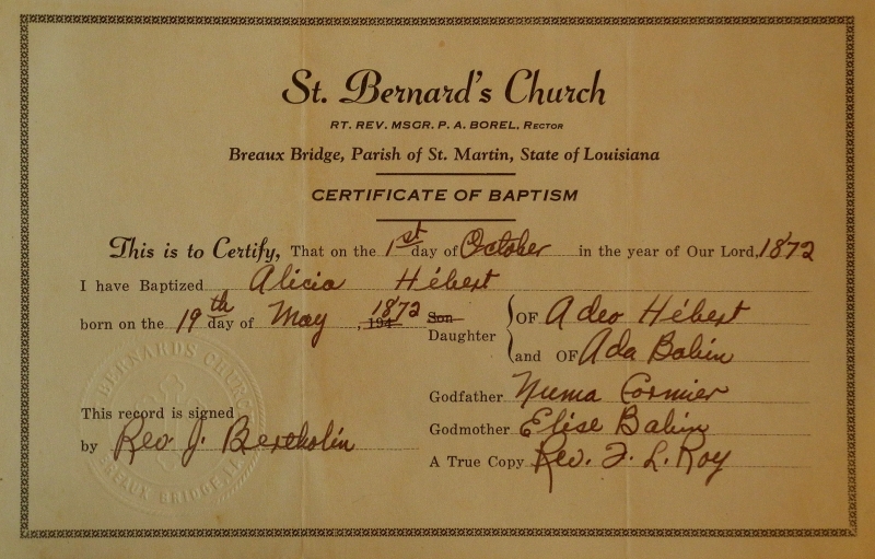 Hebert baptism, 1872, St Bernard's church, Breaux Bridge