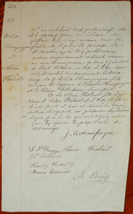 Marriage document - Alicia Hebert m. J Uclide Champagne, May 19, 1890