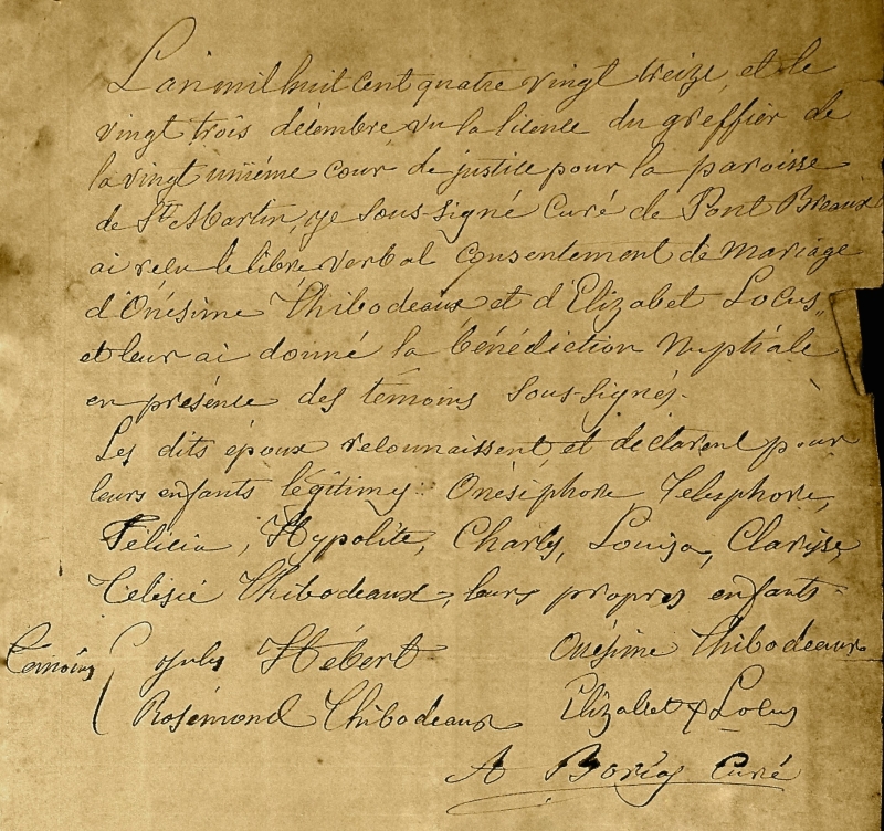 Marriage document, Onezime E Thibodeaux and Elizabeth Locust, Dec.23, 1893